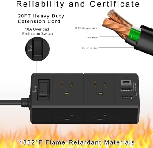 15 Ft Flat Plug Power Strip with 6 AC Outlets and 3 USB Ports – Tcstei Compact Extension Cord for Home, Office, and Dorm Room – Versatile ETL Certified Power Solution with Fast Charging and Space-Saving Design