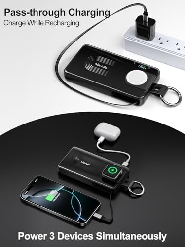 Mavulo Ultra-Fast Wireless Power Bank for Apple Devices – 10000 m Ah Portable Keychain Charger with Retractable USB-C Cable, 20 W Quick Charge Capability, LED Battery Indicator – Compatible with i Phone 15/16, i Pad, Air Pods Pro, and Apple Watch – Sleek Black Design for On-the-Go Power Solutions