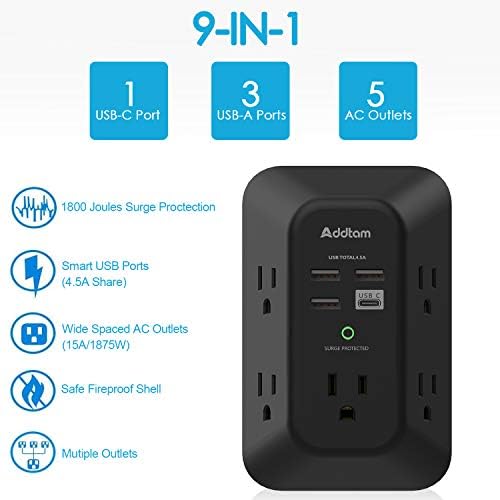 Addtam 5-Outlet Surge Protector with 4 USB Fast Charging Ports – Versatile Outlet Extender Power Strip for Home and Dorm Room Use, Enhanced Safety Features with Built-in Surge Protection, Compact Design for Easy Travel and Maximum Device Compatibility