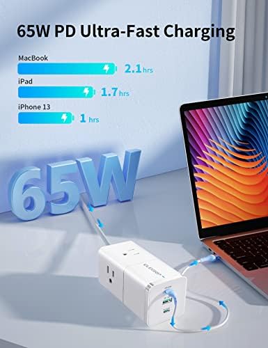ELEGRP Surge Protector Power Strip with 3 AC Outlets & 3 USB Ports – 65 W Fast Charging USB-C Extension Cord, 5 FT Versatile Charging Station for Home and Office, Compact Design for Safe Device Protection