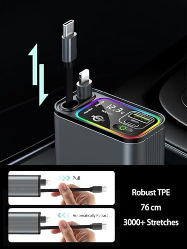 Ultimate 145 W Retractable USB C Car Charger – Fast Charging Solution with Dual Cables & Extra USB Ports for Seamless Compatibility with i Phone 16/15, Samsung S25/24/23/22, Pixel 9/8/7 – Stylish, Compact Design for On-the-Go Power Management