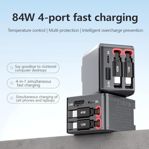 Revolutionary 4-in-1 Retractable Wall Charger with Dual USB Ports – 84 W Rapid Charging Adapter Featuring 25.6″ Lightning & Type-C Cables for i Phone 16/15, i Pad, Galaxy, Air Pods, Pixel & More – Compact, Foldable Design for Optimal Multi-Device Charging Flexibility