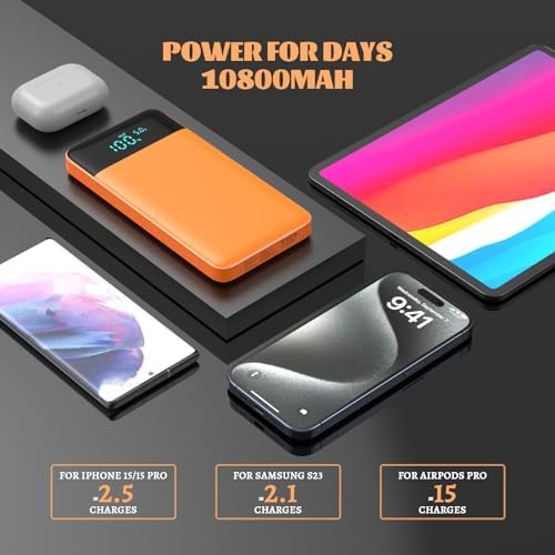 Ultra Slim 10800 m Ah Portable Charger with LCD Display – Fast Charging Power Bank with 20 W PD USB-C Output, Ideal for i Phone 15, 14 & Samsung Android – Compact Power Solution for On-the-Go Charging
