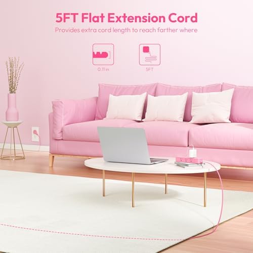 Stylish Pink Surge Protector Power Strip by NTONPOWER – 15 FT Flat Extension Cord with 9 AC Outlets & 3 USB Ports (1 USB-C), 1080 J Surge Protection for Home, Dorm, and Desk Use – Perfect for Women Seeking Efficiency and Aesthetic