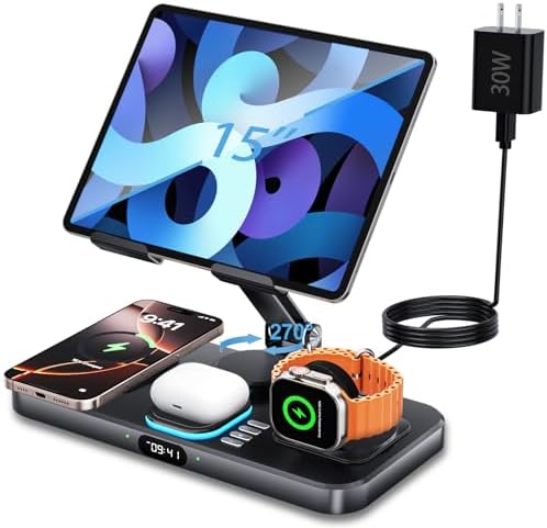 30 W Foldable Multi-Device Charging Station with Clock & Night Light – Ultimate Apple Accessory for i Phone 16 Pro Max, i Pad, and Apple Watch – High-Speed Charging Dock, Portable Design, and Enhanced Functionality for Home or Travel