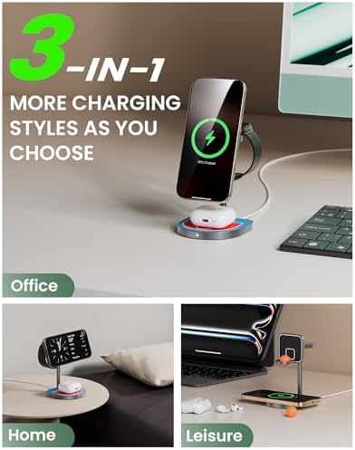 Innovative 3-Point Power 3-in-1 Charging Station for Apple Devices – Sleek Aluminum Alloy Magnetic Wireless Charger Stand with Mini Basketball & Hoop, Perfect for i Phone 16/15/14/13/12, 5 W Apple Watch & Air Pods Charging, Compact Black Design for Enhanced Speed and Style