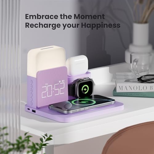 Ultimate 7-in-1 Wireless Charging Station with Dual Alarm Clock – Versatile Charging Dock for i Phone 11-16, Samsung Phones, Apple Watch 9-5/SE, and Air Pods 3/2 (Elegant Purple) – Fast Charging, Space-Saving Design for Modern Lifestyles