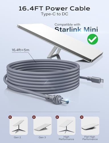 Starlink Mini Power Cable – 16.4 FT Waterproof USB C to DC Connector for Outdoor Adventures – High-Performance 18 AWG Design, Compatible with 100 W & 20 V PD Sources – Ultimate Reliability for Travel & Work