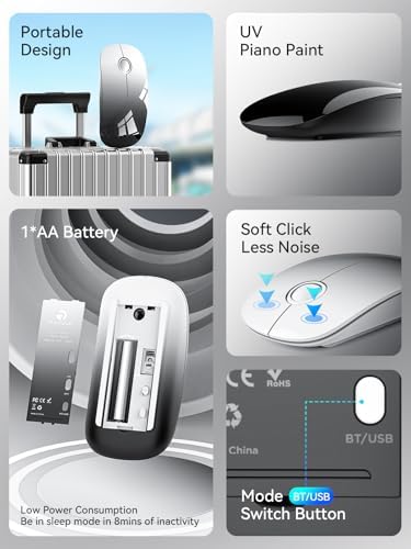 Sleek Purple Wireless Bluetooth Mouse – Effortless Dual Connectivity, 1600 DPI Precision, Whisper-Quiet Clicks, Long Battery Life for Enhanced Productivity and Versatile Device Compatibility