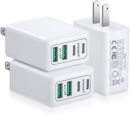 40 W Multiport USB C Fast Charger Block – 3 Pack Power Adapter with 2 USB C and 2 USB A Ports for Rapid Charging | PD & QC Compatible | Ideal for i Phone 16/15/14/13/12/11 Pro Max & Samsung Devices | Compact Wall Charger for Home, Office, and Travel