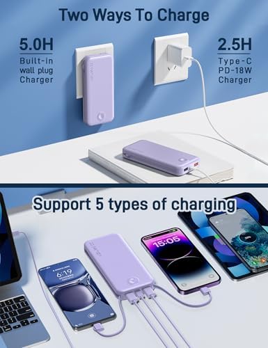 Ultra-Fast Charging Portable Power Bank with Built-In Cable and AC Plug – 12,000 m Ah USB C Travel Charger for i Phone and Android Devices – Lightweight, Compact Design for On-the-Go Power Solutions