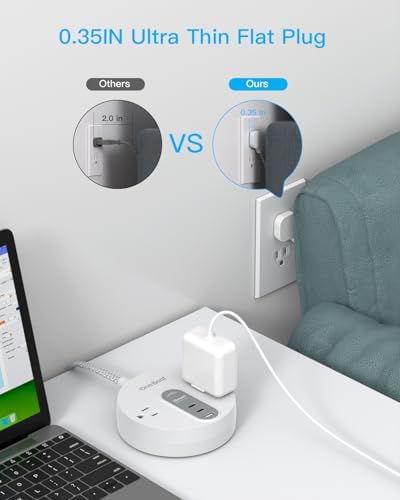 Compact Power Strip Surge Protector with USB-C Charging – 5 ft Flat Plug Extension Cord Featuring 2 AC Outlets & 3 USB Ports for Home, Office, and Travel – 490 J Surge Protection for Safe Device Charging and Efficient Organization