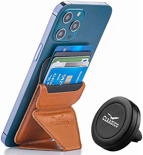 Versatile Claasico Magnetic Cell Phone Wallet & Stand – Stylish Brown Cardholder with Car Air Vent Mount, Dual-Mode Viewing, Extra Magnetic Strips for Enhanced Compatibility – Ultimate Hands-Free Accessory for i Phone Users and Minimalist Lifestyles