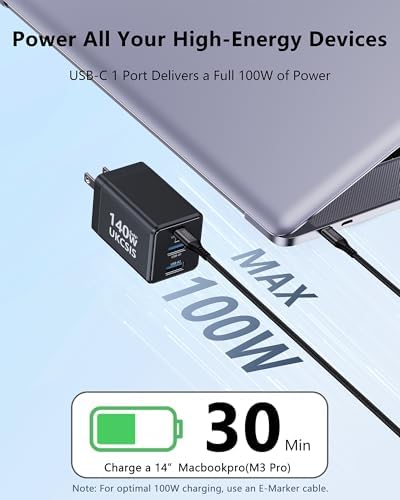 Ultra-Compact 140 W Ga N USB-C Fast Charger – Triple-Port Power Hub for Rapid Charging of Mac Book Pro, i Pad Pro, Galaxy, and i Phone – Foldable Travel Design with 4 ft Cable for Effortless Portability and Efficient Power Solutions
