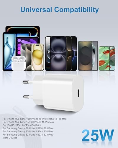 European Travel Plug Adapter with 20 W USB-C Fast Charging Block – Essential Power Adapter for Seamless US to EU Connectivity, Includes 6 FT USB-C Cable for Enhanced Versatility – Ideal for i Phone 16, 15 Pro Max, i Pad, and Samsung Devices