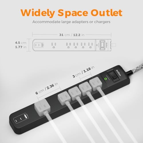 Dual Pack Surge Protector Power Strip with 5 Spacious Outlets and 3 Fast USB Ports – 1875 W/15 A Capacity for Home Office Efficiency, 6 Ft Durable Braided Cord, Smart Overload Protection, Wall Mountable Flat Plug Design for Optimal Space Utilization and Device Safety