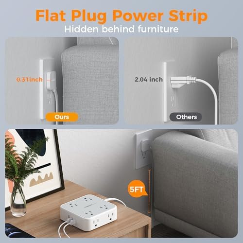 TESSAN Power Strip Tower Surge Protector: 8 AC Outlets & 3 USB Ports (1 USB-C) with 900 Joules Protection, 5 FT Flat Plug Extension Cord – Ultimate Desk Charging Station for Home Office and Dorm Room Efficiency