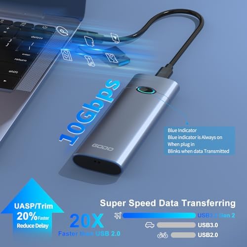 GODO RGB M.2 PCIe NVMe & SATA External SSD Enclosure – Ultra-Fast USB-C Adapter with Tool-Free Installation, 10 Gbps Transfer Speed, UASP & TRIM Support, Stylish RGB Lighting for Enhanced Portability and Performance