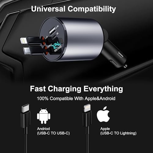 Fast Charge 4-in-1 Retractable USB C Car Charger Adapter – 100 W Power Delivery for i Phone 15 Pro Max, 14, 13, 12 – Tangle-Free Convenience, Enhanced Compatibility, and Safety Features – Ideal for Road Trips and Family Adventures