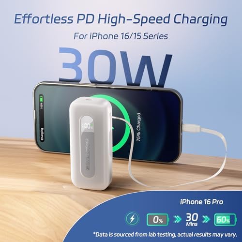 Compact 10,000 m Ah Power Bank with Retractable USB-C Cable – 30 W Fast Charging Portable Charger for i Phone 15/16, Galaxy, and i Pad – Smart LED Display for Travel Convenience and Enhanced Compatibility