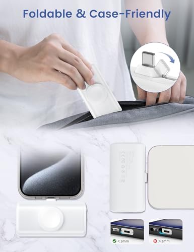 RORRY Ultra-Compact 5000 m Ah Power Bank for i Phone 15 & 16 – Foldable USB-C Fast Charger with 15 W Output, Sleek Black Design for Apple Devices and Apple Watch, Perfect for On-the-Go Power Needs