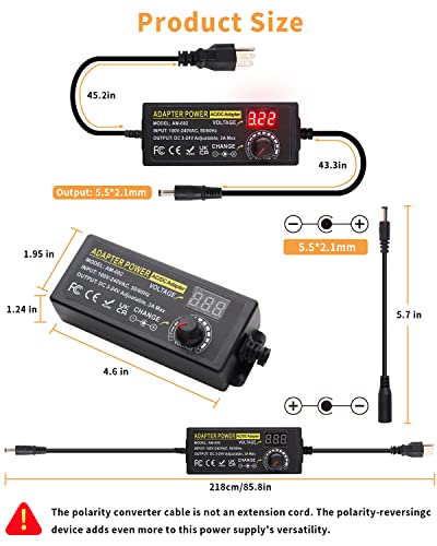Versatile AOYADAISU 120 W Adjustable DC Power Supply with 14 Tips & Polarity Converter – Perfect for Fast Charging LED Strip Lights, Cameras, and More – 3 V-24 V Output with 5 A Maximum Current for Ultimate Compatibility and Performance