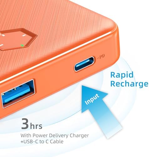 Sleek 10000 m Ah PD 20 W Portable Charger – High-Speed USB-C Power Bank for i Phone 16/15/14/13/12, Samsung S22/S21, Google Devices – Lightweight & Stylish Orange Battery Pack for On-the-Go Charging Solutions
