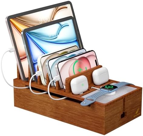 Pezin & Hulin Eco-Friendly Bamboo Cable Management Box – Sleek Desktop Organizer with 6 Cables for Tidy Charging Station, Stylish Wire Organizer for Electronic Devices, Enhances Workspace Efficiency and Aesthetics