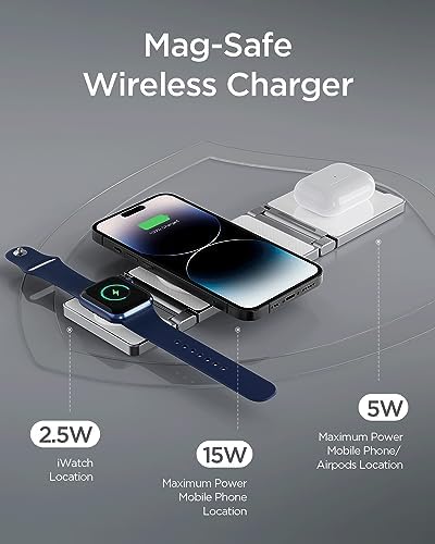 Hohosb Foldable 3-in-1 Magnetic Wireless Charger Station – Premium Zinc Alloy Design for i Phone 15/14/13/12, Air Pods Pro/3/2, and Apple Watch – Mag Safe Compatible, Fast Charging, and Travel-Friendly Solution for All Your Devices (Blue)