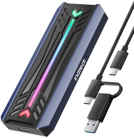 Inateck RGB M.2 NVMe and SATA SSD Enclosure – High-Speed USB 3.2 Gen 2 (10 Gbps) Adapter for 2242/2260/2280 SSDs, Tool-Free Setup, UASP/TRIM Support, Up to 4 TB – Ultimate Performance and Style for Your Data Storage Needs