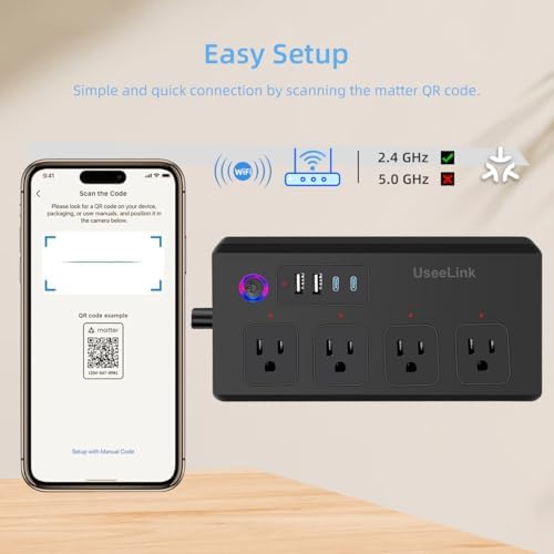 Smart Power Strip with Voice Control – Usee Link 4 AC Outlets & 4 USB Ports (2 A, 2 C) Surge Protector, 5 ft Cord, Wi-Fi Enabled for Alexa & Google Home, No Hub Required, Sleek Black Design for Modern Charging Solutions