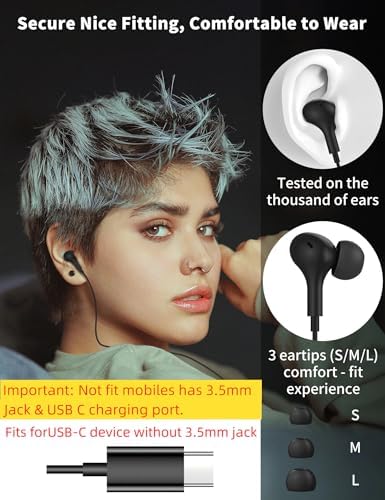 TITACUTE USB C Wired Earbuds: Premium Noise-Canceling Headphones with Bass Stereo Sound for Samsung S23 FE, S22, S21, A53, A54, and i Phone 15 Pro Max – Magnetic In-Ear Design with Microphone and Volume Control for Enhanced Audio Experience Across Devices