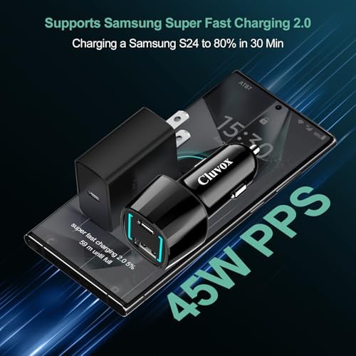 Ultra-Fast 45 W USB C Charger Set for Samsung Galaxy Devices – Dual Car & Wall Charging Solution with 6.6 ft Cables – PPS Type C Compatibility for Galaxy S25 Ultra/Plus/S24/S23/S22/S21 FE/Note 20/W25 & Tab S10+/S9 – Compact, Durable Power for Home & Travel