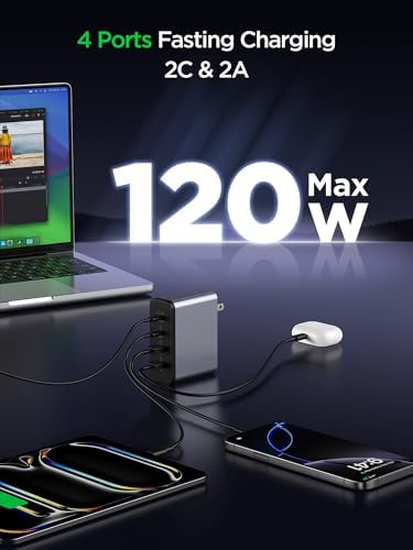 Ultra-Fast 120 W Ga N USB-C Charger with PD3.0 PPS Technology – Compact 4-in-1 Multiport Design for Mac Book Pro/Air, i Phone & Samsung – Rapid Charging for Devices with Advanced Safety Features and Wide Compatibility