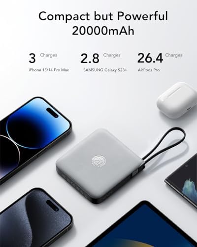 VRURC 20000 m Ah Portable Power Bank with Integrated Cables – Ultimate Travel Companion for i Phone 11-16 & Samsung Galaxy Series – Rapid 22.5 W Fast Charging Efficiency, Compact Design for On-the-Go Convenience – Essential Battery Pack for Uninterrupted Connectivity
