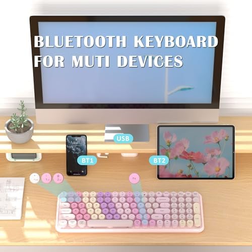 Multitask in Style: Rainbow Pink Wireless Dual Mode Keyboard with Retro Round Keycaps – Connect 3 Devices Effortlessly for Enhanced Productivity and Comfort