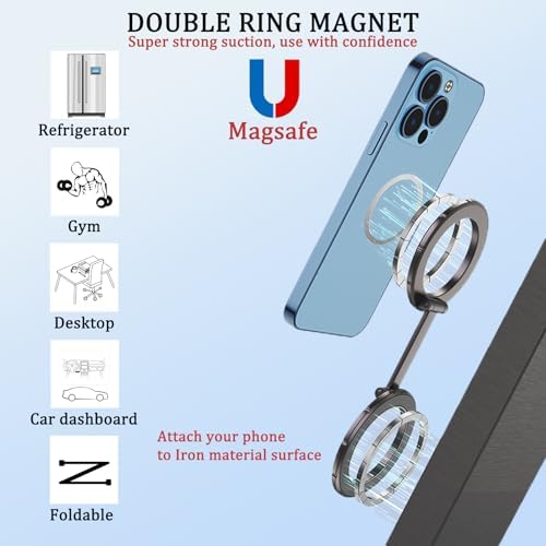 Maximize Your Mobile Efficiency with the Magsafe Double-Ring Magnetic Phone Holder Grip – Universal Compatibility for i Phone, i Pad, and Kindle, Ideal for Car, Gym, Kitchen, and Office Use, Complete with Silicone Storage Bag and Four Versatile Metal Rings – Durable Black Finish for Everyday Convenience