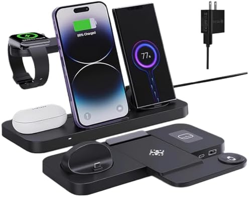Ultimate 6-in-1 Wireless Charging Dock for i Phone 16/15/14/13, Apple Watch Series, Air Pods Pro – Super-Fast Qi-Certified Charging Station with QC3.0 Adapter for Seamless Device Compatibility and Safety Features – Perfect for Home and Travel Use