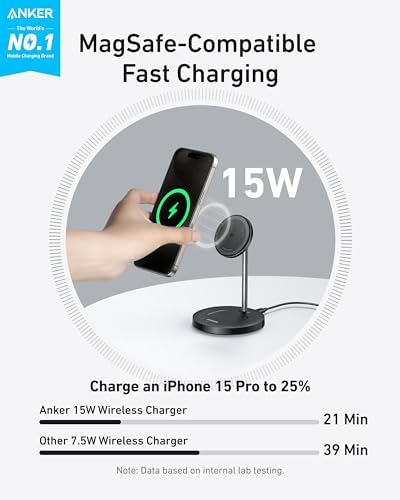 Anker Mag Safe 2-in-1 Charging Station for i Phone 16 and Air Pods Pro – Qi2 Certified 15 W Max Wireless Charger Stand in Sleek Black – Fast Charging Compatibility for i Phone 12/13/14/15 – Effortless Magnetic Alignment for Ultimate Convenience and Style