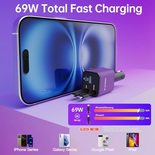 Premium Flexino Compact Retractable Car Charger for i Phone 16 – 69 W Fast Charging with Dual 2.6 ft USB C Cords | Efficient Power Adapter Compatible with i Phone 16/15/14/13/12 Series & Galaxy Devices | Sleek Grey Design for Ultimate Portability and Reduced Cable Clutter