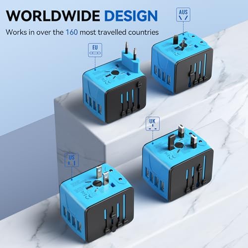 Unidapt Universal Travel Adapter: High-Speed 2.4 A 4-Port USB Charger for Global Use – Compact International Plug Adapter for Europe, USA, UK, Australia – Stylish Blue Design with Safety Features for Hassle-Free Charging on the Go