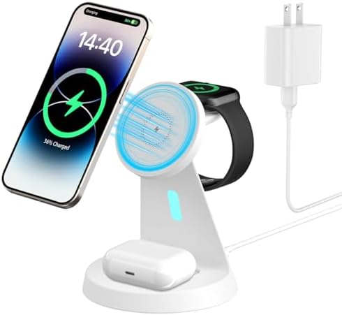 Ultimate 3-in-1 Mag Safe-Compatible Wireless Charging Station for i Phone 16, 15, 14, 13, 12, Air Pods, and Apple Watch – Fast, Efficient Power with Sleek Design and Safety Features for Organized Charging Solutions