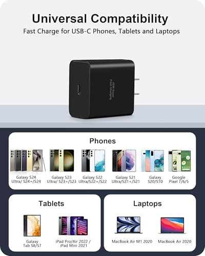 Elevate Your Charging Experience with the 45 W USB C Fast Charger Duo – Right Angle 10 FT Cable for Samsung Galaxy S Series & Android Devices – Unmatched Power Delivery for S25 Edge, Note 20, Z Fold & More Optimize your device charging with this high-performance 2-pack of 45 W USB C chargers, engineered to support Samsung Galaxy S series and a variety of Android devices. Featuring an innovative right-angle design, this charger set provides effortless connectivity in tight spaces, ensuring you can power up your devices without hassle. The extended 10 FT Type C cable grants unparalleled flexibility for charging at home, in the office, or on the move, while the dual-pack ensures you’re always equipped with a reliable charging solution. Built from premium materials for durability, these fast chargers are not just about speed; they are about enhancing your daily productivity. Say goodbye to battery anxiety and embrace the efficiency and convenience of this expertly crafted charger duo, designed to keep your devices ready for action in any environment.