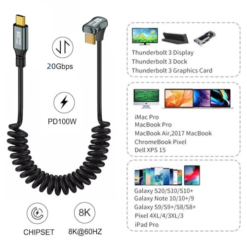 Revolutionary xiwai USB4 Type-C Male to Male Extension Cable – 20 Gbps Data Transfer with 100 W Power Delivery, 8 K Video Output, Coiled Design for Maximum Space Efficiency, and Angled Connector for Seamless Access in Compact Areas – Perfect for Laptops, Tablets, and Modern Tech Environments