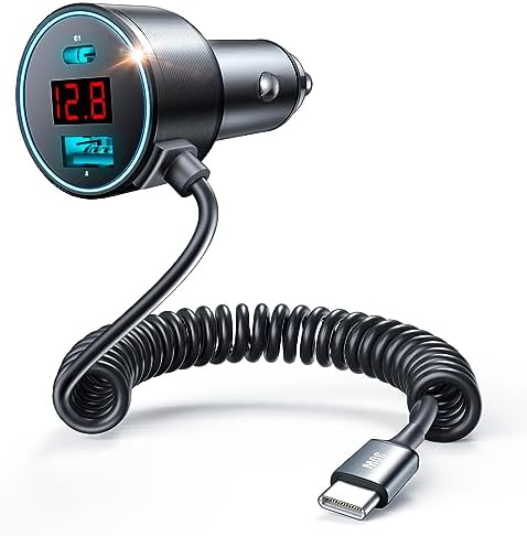 75 W Metal 3-Port USB C Car Charger with Built-in 6 ft Coiled Cable – Super Fast PD & QC3.0 Charging for Samsung Galaxy S22/21, i Phone, i Pad Pro, Pixel, and Android Devices – Universal Compatibility and Enhanced Safety Features for On-the-Go Power