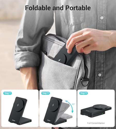 Compact Magnetic 15 W Fast Wireless Charging Stand – Ultimate Travel Charger for i Phone 16 Series and Air Pods – Lightweight, Foldable Design for On-the-Go Convenience – Enhanced Safety Features and Seamless Compatibility