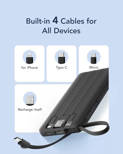 VRURC 10000 m Ah Portable Power Bank with Integrated Cables and LED Battery Indicator – Slim, Lightweight Travel Charger with Dual Input and Five Outputs for Effortless Device Charging – Ideal for Smartphones and Tech Gadgets – Stylish Blue Design (1 Pack) – Ultimate Convenience and Compatibility