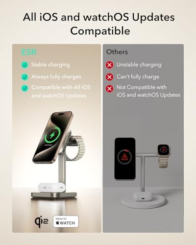 ESR Qi2 3-in-1 Wireless Charging Station – Fast 15 W Mag Safe Charger for i Phone 16/15/14/13, Certified Apple Watch & Air Pods Charger, Sleek White Design for Home or Office – Ultimate Multi-Device Charging Solution with Enhanced Compatibility and Speed