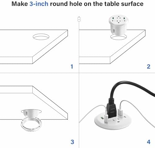 Revolutionize Your Workspace with the Elite Desktop Power Grommet: 40 W Fast Charging Hub Featuring 2 PD 20 W USB-C Ports, Dual AC Outlets, 4 USB Ports, and 6 ft Cord for Optimal Flexibility – Sleek Recessed Design for a Clutter-Free Desk Environment