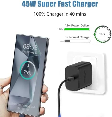 Elevate Your Charging Game with the 45 W Super Fast Charger for Samsung Galaxy Tab-S9 Series – Includes a Versatile 6.6 FT USB-C Cable for Unmatched Flexibility – Compact Design for On-the-Go Users – Engineered with Advanced Safety Features to Prevent Overcharging and Ensure Efficiency – Ideal for Busy Lifestyles and Quick Power Boosts